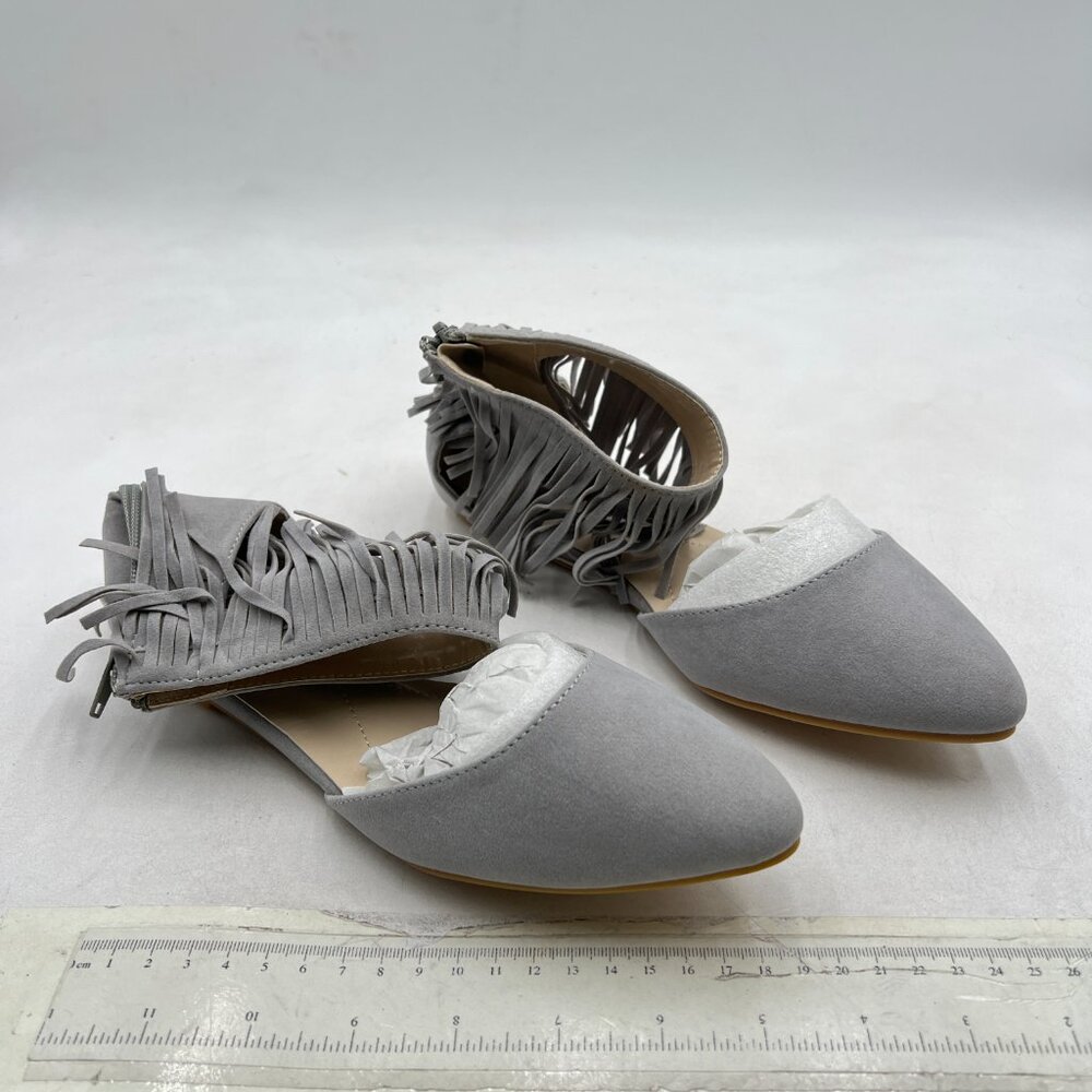 Grey Women Retro Tassel Flat Pump Fringe Ankle Strap Open Toe Buckle Casual Shoe - Picture 3 of 7